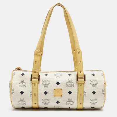 Mcm Visetos Coated Canvas And Leather Rolle Boston Bag In White