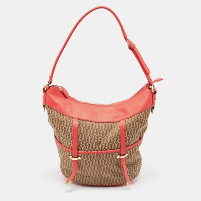 Aigner Coral/brown Monogram Canvas And Leather Bucket Bag In Beige