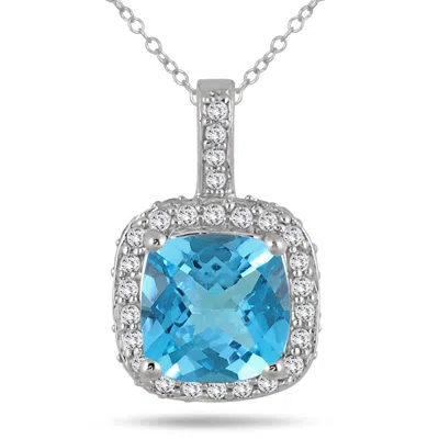 Sselects 1.50 Carat Tw Cushion Topaz And Diamond Halo Pendant In 10k In Blue