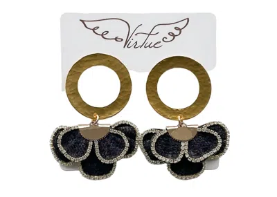 Virtue Hammered Circle Post With Rhinestone Flower Earring In Black
