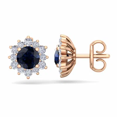 Sselects 1 1/2 Carat Round Shape Flower Sapphire And Diamond Halo Stud Earrings In 14 Karat In Black