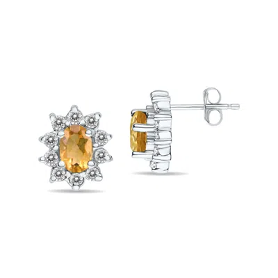 Sselects Oval Shape Citrine And Diamond Flower Earrings In 14k In Orange