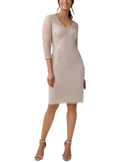 Adrianna Papell Womens Mesh Embellished Cocktail And Party Dress In Beige