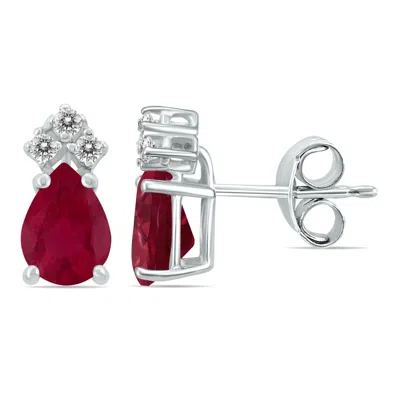 Sselects 14k 6x4mm Pear Ruby And Three Stone Diamond Earrings In Red