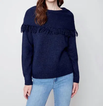 Charlie B Fringed Cowl Neck Sweater In Denim In Blue
