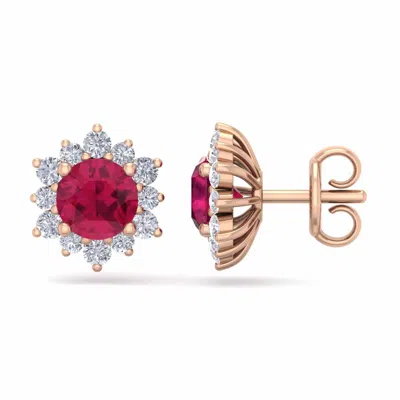 Sselects 2 Carat Round Shape Flower Ruby And Diamond Halo Stud Earrings In 14 Karat In Red