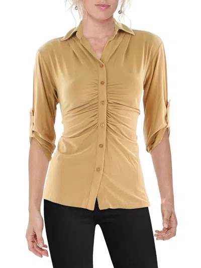 Ny Collection Petites Womens Ruched-front Button Down Blouse In Beige