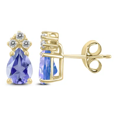 Sselects 14k 5x3mm Pear Tanzanite And Three Stone Diamond Earrings In Blue