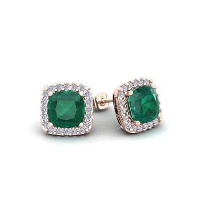 Sselects 2 1/2 Carat Cushion Cut Emerald And Halo Diamond Stud Earrings In 14 Karat In Green