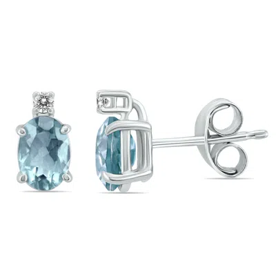 Sselects 14k 5x3mm Oval Aquamarine And Diamond Earrings In Blue