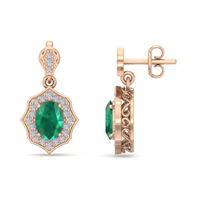 Sselects 1 3/4 Carat Oval Shape Emerald And Diamond Dangle Earrings In 14 Karat In Green