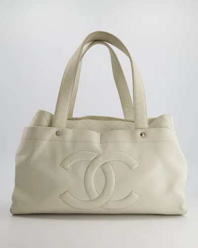 Pre-owned Chanel Ivory Ultimate Executive Shopper Tote Bag In Caviar Leather With Silver Hardware In White