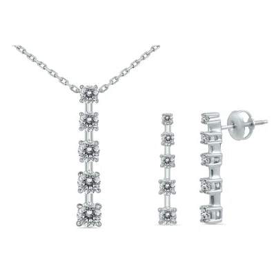 Sselects 1 Carat Tw Diamond Journey Pendant And Earring Set In 14k In Silver