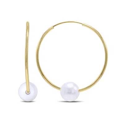 Sselects 14k Yellow Gold Round Endless Pearl Hoop Earrings In Silver