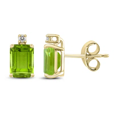 Sselects 14k 7x5mm Emerald Shaped Peridot And Diamond Earrings In Green