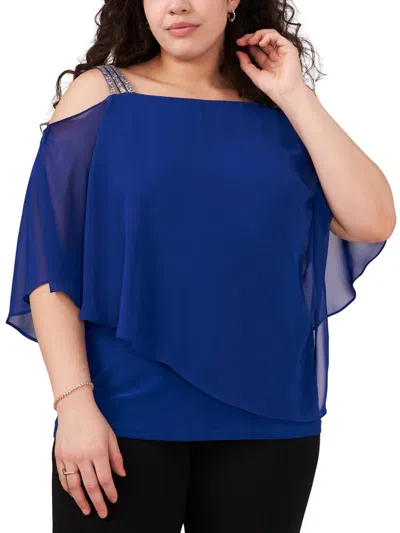 Msk Plus Womens Rhinestone Straps Cold Shoulder Blouse In Blue