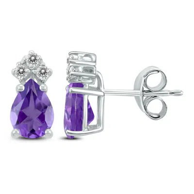 Sselects 14k 7x5mm Pear Amethyst And Three Stone Diamond Earrings In Purple
