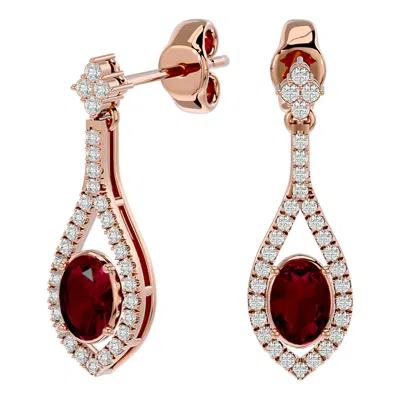 Sselects 2 1/2 Carat Oval Shape Ruby And Diamond Dangle Earrings In 14 Karat In Red