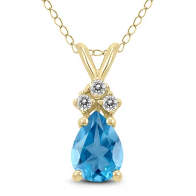 Sselects 14k 7x5mm Pear Topaz And Three Stone Diamond Pendant In Blue