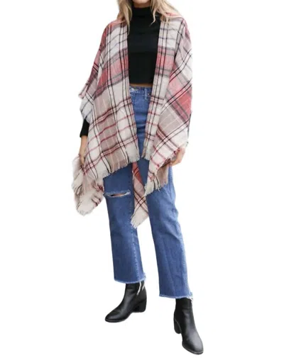Leto Jessica Open Front Poncho In Red Lavender Plaid