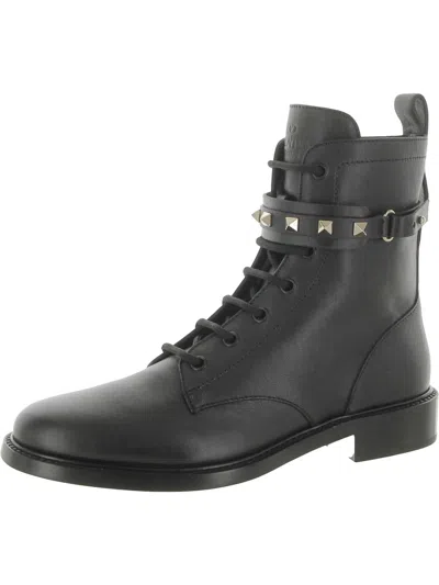 Valentino Garavani Womens Leather Studded Combat & Lace-up Boots In Grey