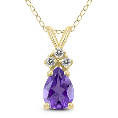 Sselects 14k 8x6mm Pear Amethyst And Three Stone Diamond Pendant In Purple