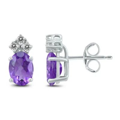 Sselects 14k 7x5mm Oval Amethyst And Three Stone Diamond Earrings In Purple