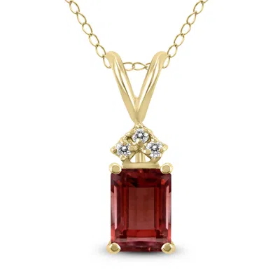 Sselects 14k 8x6mm Emerald Shaped Garnet And Three Stone Diamond Pendant In Red