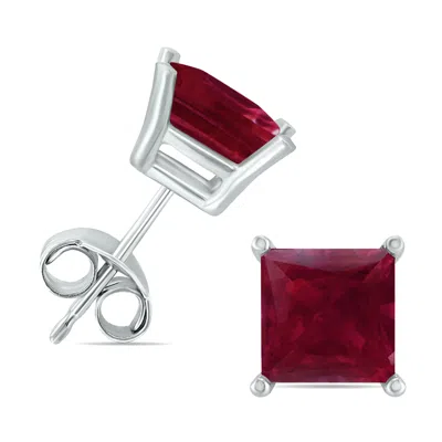 Sselects 14k 4mm Square Ruby Gemstone Earrings In Red