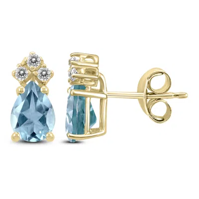 Sselects 14k 5x3mm Pear Aquamarine And Three Stone Diamond Earrings In Blue