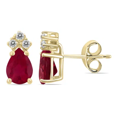 Sselects 14k 6x4mm Pear Ruby And Three Stone Diamond Earrings In Red