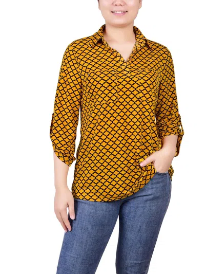 Ny Collection Womens Collared Printed Blouse In Gold