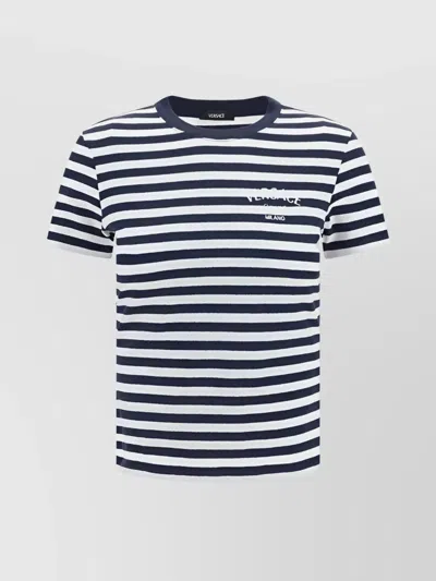 Versace Logo-embroidered Striped T-shirt In Blue