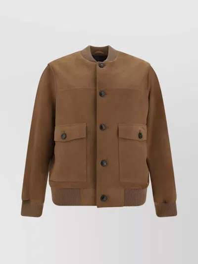 Yves Salomon Buttoned Suede Bomber Jacket In Braun