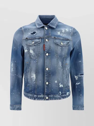 Dsquared2 Distressed Denim Dan Jacket With Studded Application In Blue