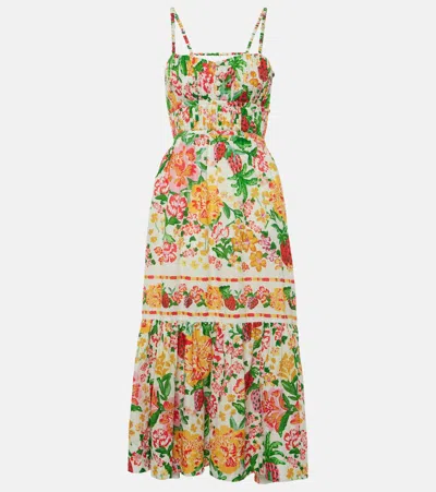Farm Rio Floral Sketch Cotton Midi Dress In Multicolor