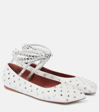 Amina Muaddi Ane Crystal-embellished Leather Flats In Weiss