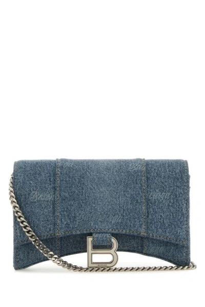 Balenciaga Woman Embroidered Denim Hourglass Wallet In Blue