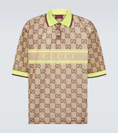 Gucci Logo Tech & Mesh Polo Shirt In Beige,ebony