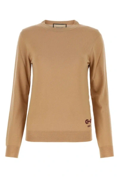 Gucci Logo Embroidered Roundneck Knit Sweater In Brown