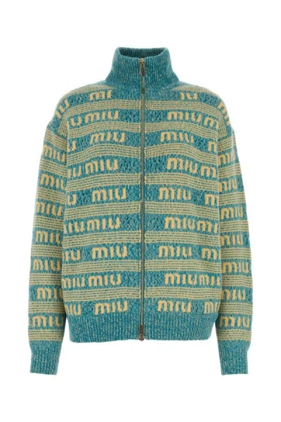 Miu Miu Woman Embroidered Wool Blend Oversize Cardigan In Multicolor