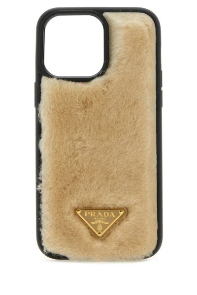Prada Woman Sand Shearling Iphone 14 Pro Max Cover In Brown