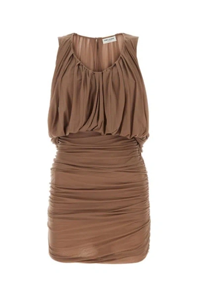Saint Laurent Woman Biscuit Cupro Mini Dress In Brown