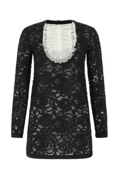 Saint Laurent Frill Detail Lace Dress In Black
