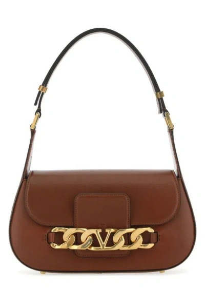 Valentino Garavani Woman Brown Leather Vlogo Chain Shoulder Bag