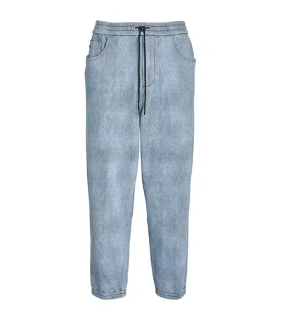 Emporio Armani Cotton French Terry Jersey Denim Effect Print Regular Fit Drawstring Trousers In Multi