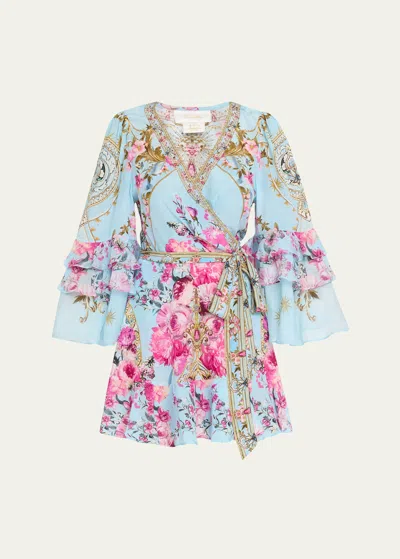 Camilla Ruffle-sleeve Floral Silk Mini Wrap Dress In Down The Garden P