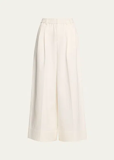 Christopher John Rogers Pleated Embroidered Cotton Wide-leg Pants In Marshmallow