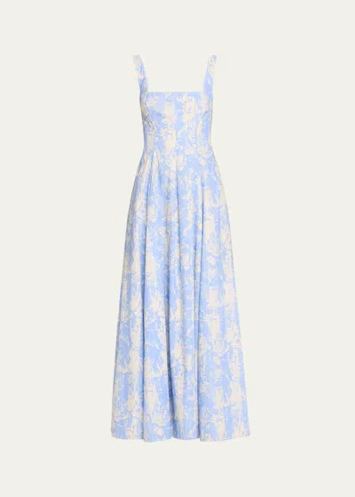 Lela Rose Square-neck Striped Flower-print Sleeveless Maxi Dress In Oxfordivory