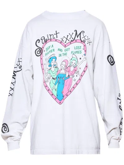 Saint Mxxxxxx Pink Heart Long-sleeve T-shirt In White